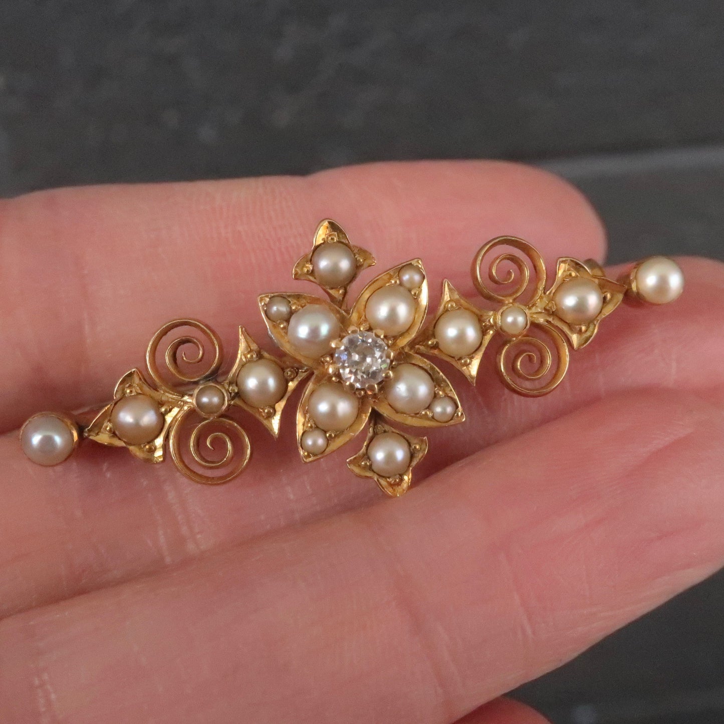 Antique Victorian 18kt Pearl and Diamond Brooch