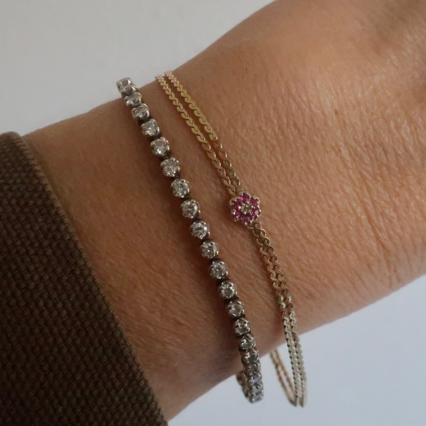 Vintage Delicate Ruby Diamond Flower Bracelet