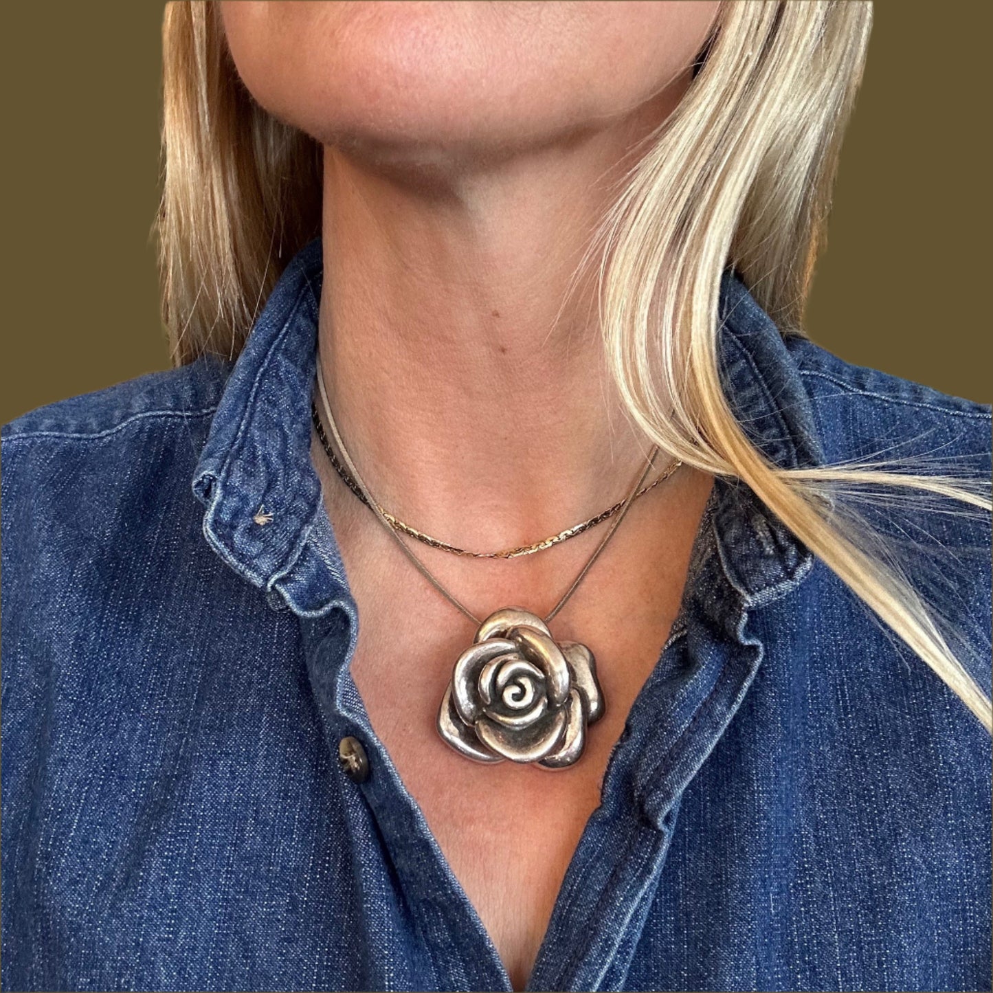 Vintage Sterling Silver Rose Necklace