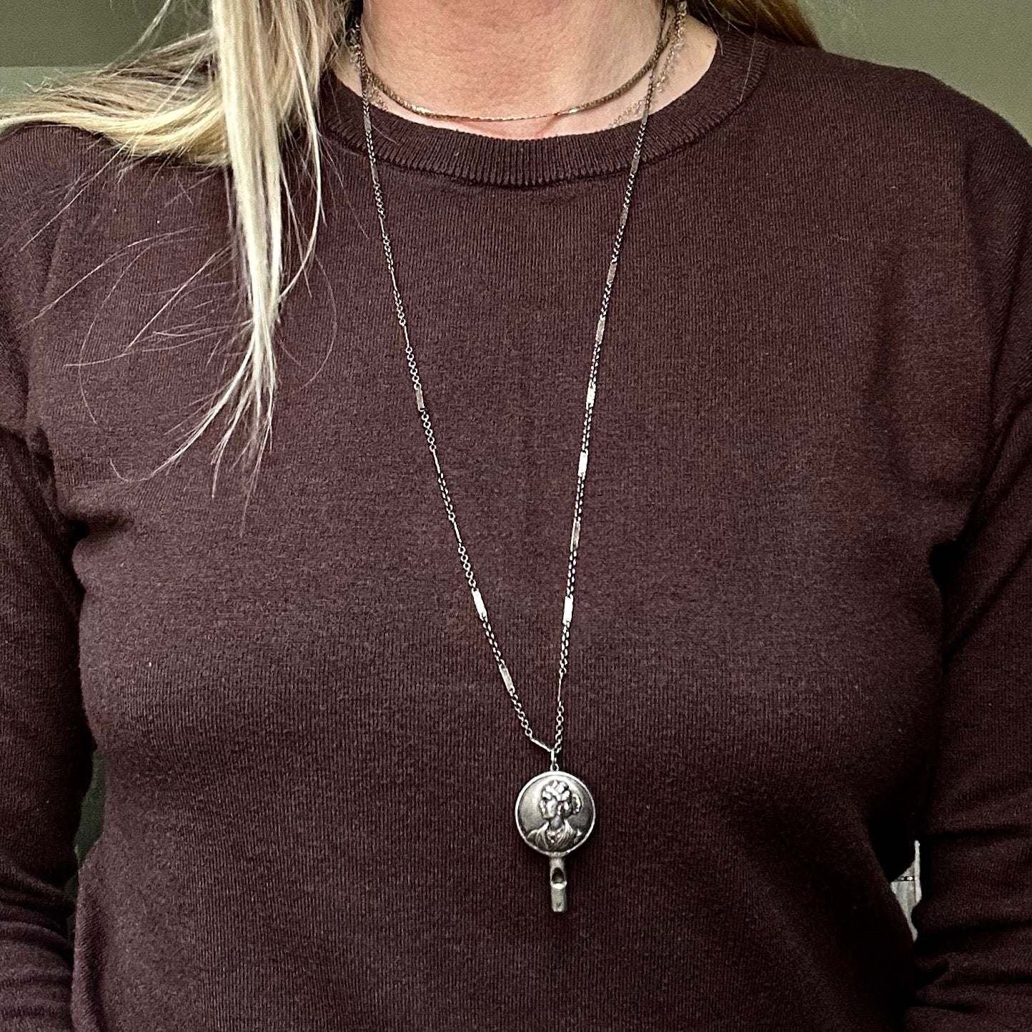 Antique Edwardian Sterling Whistle Pendant Necklace