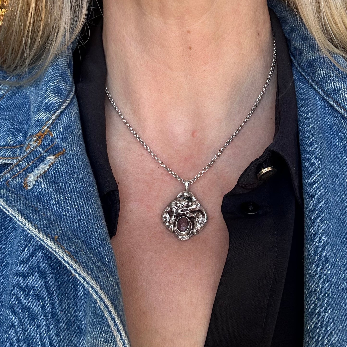 Vintage Silver Dragon Pendant With Ruby