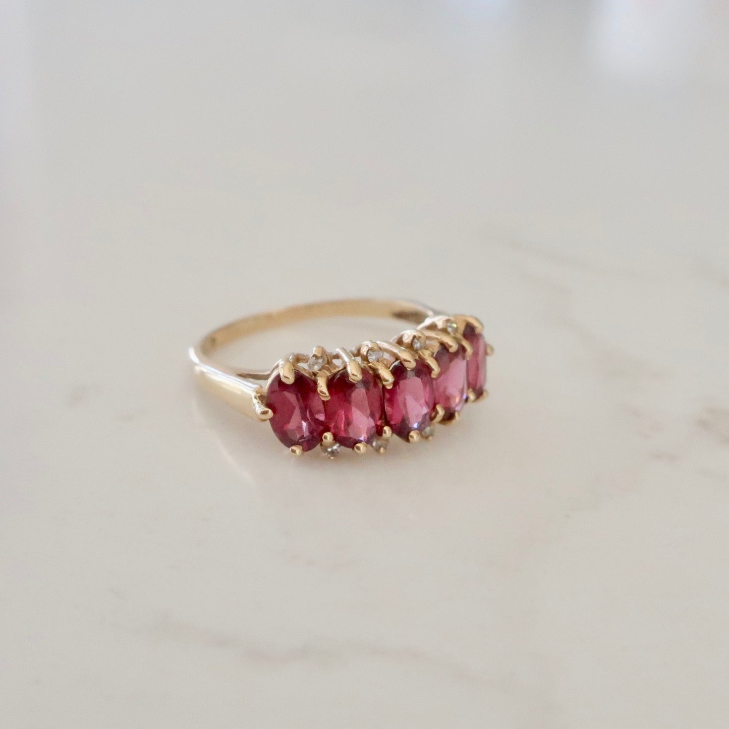 Vintage 5 Stone Rhodolite Garnet and Diamond Ring