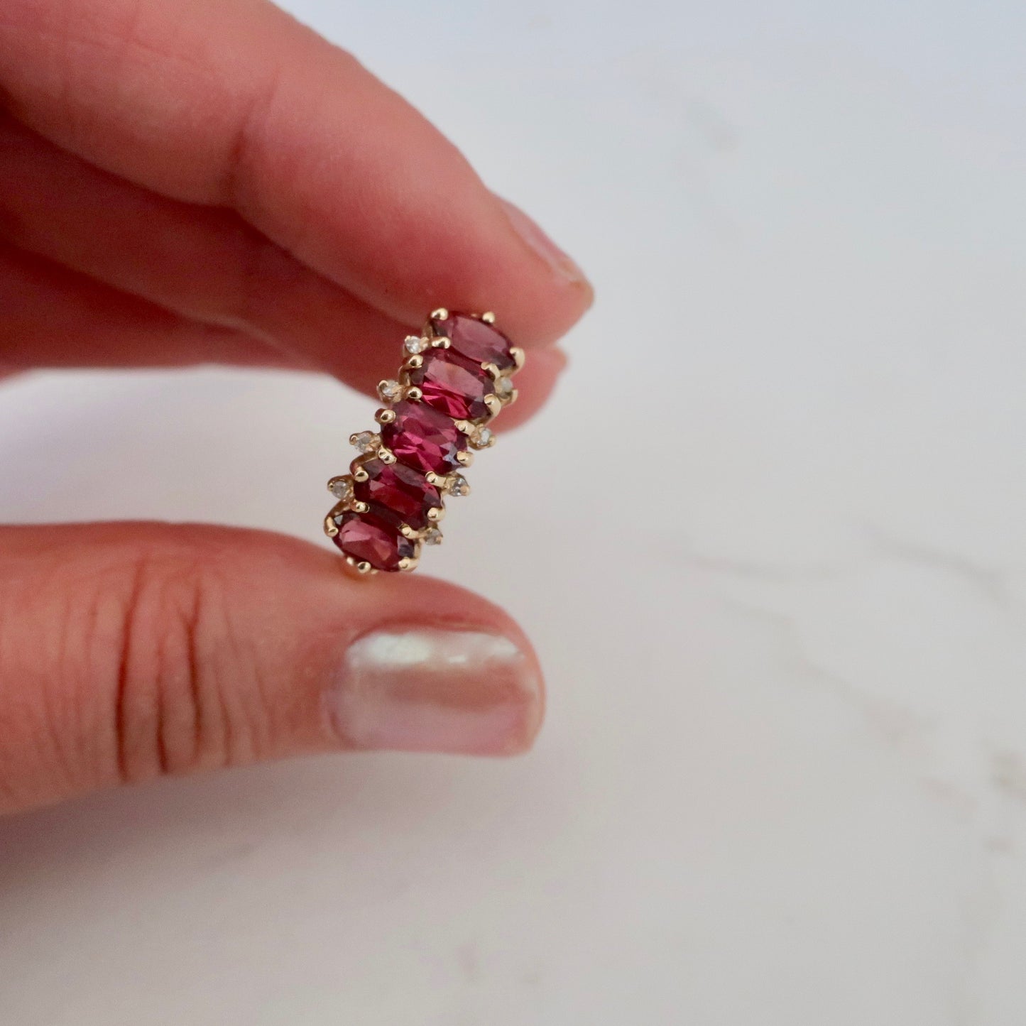 Vintage 5 Stone Rhodolite Garnet and Diamond Ring