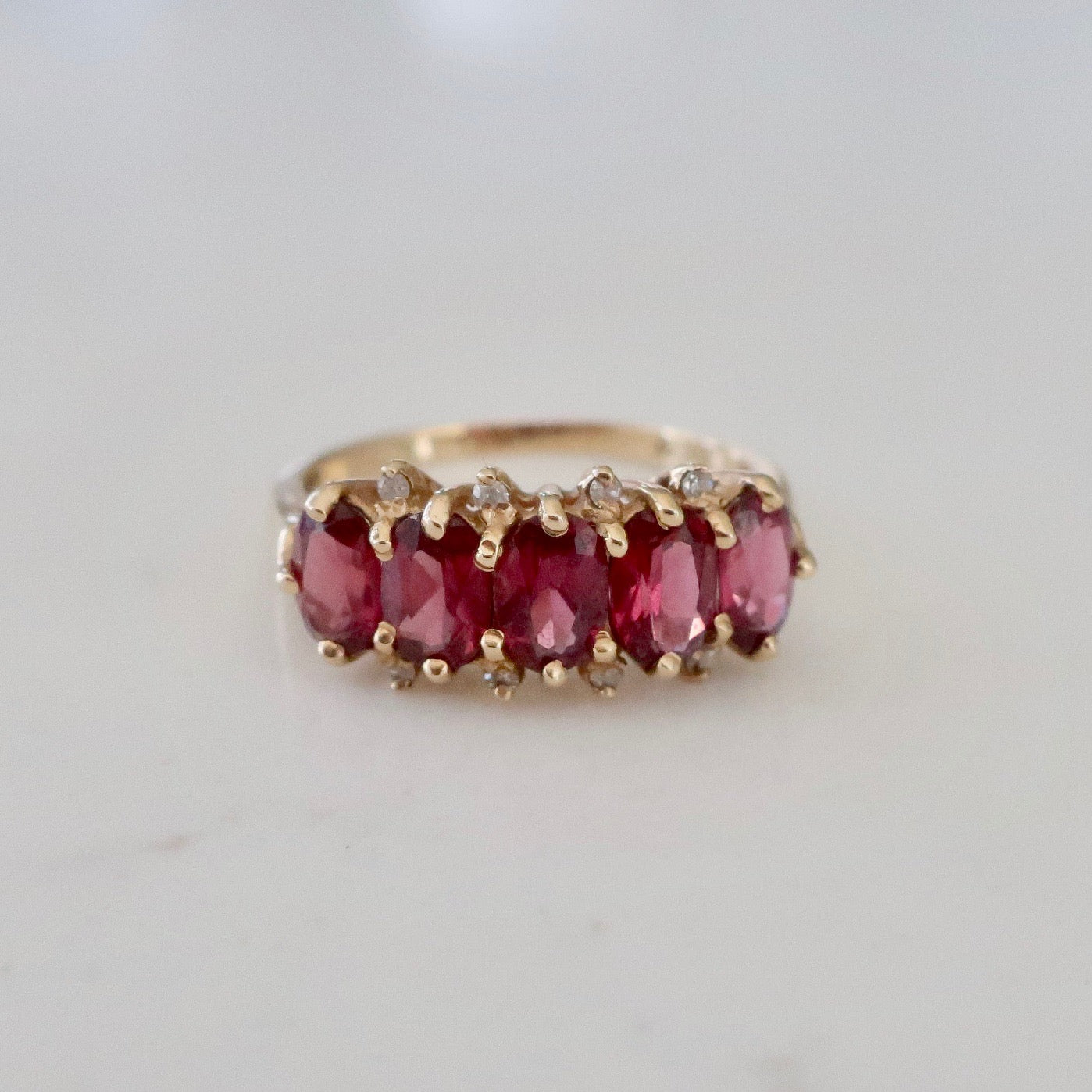 Vintage 5 Stone Rhodolite Garnet and Diamond Ring