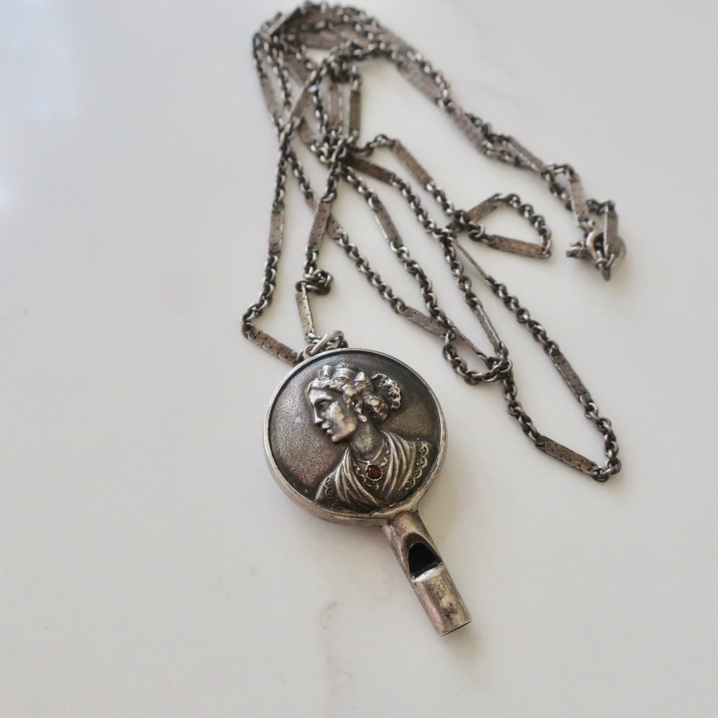 Antique Edwardian Sterling Whistle Pendant Necklace
