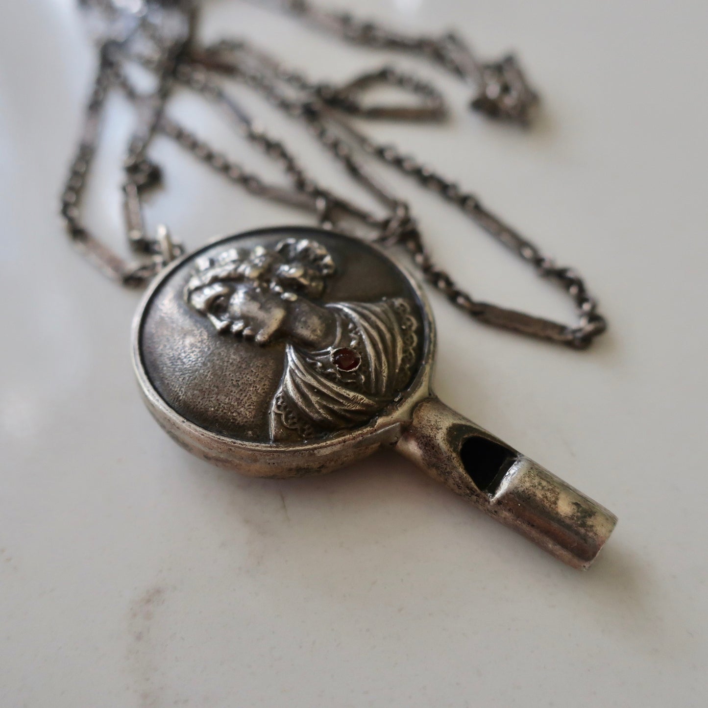 Antique Edwardian Sterling Whistle Pendant Necklace