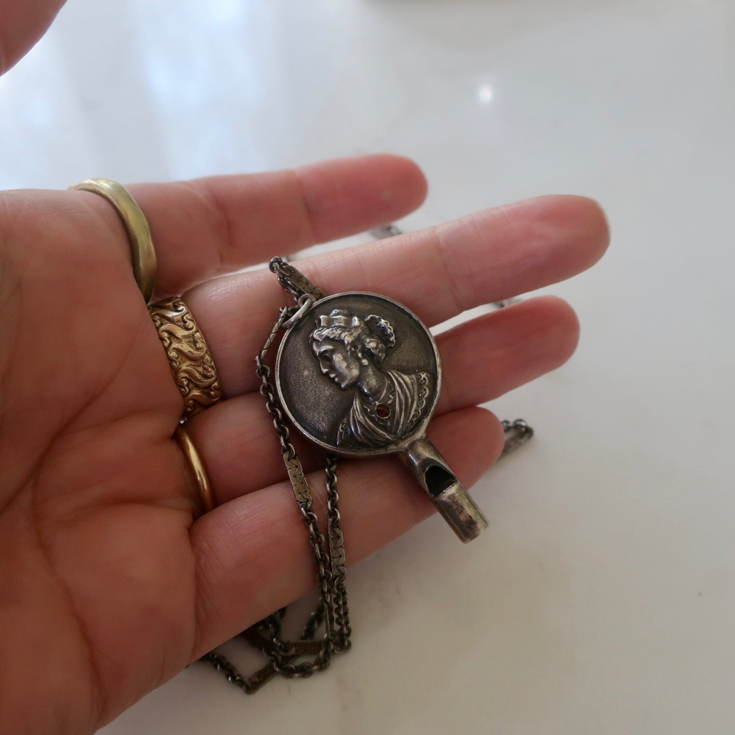Antique Edwardian Sterling Whistle Pendant Necklace