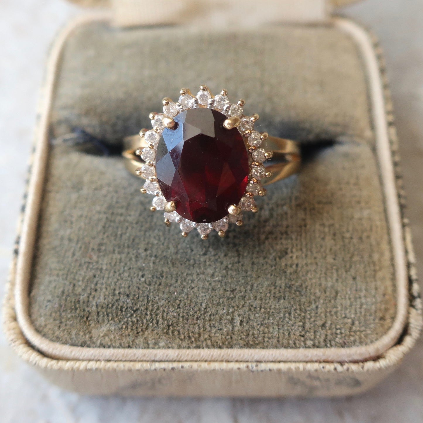 Vintage Garnet and Diamond Halo Ring