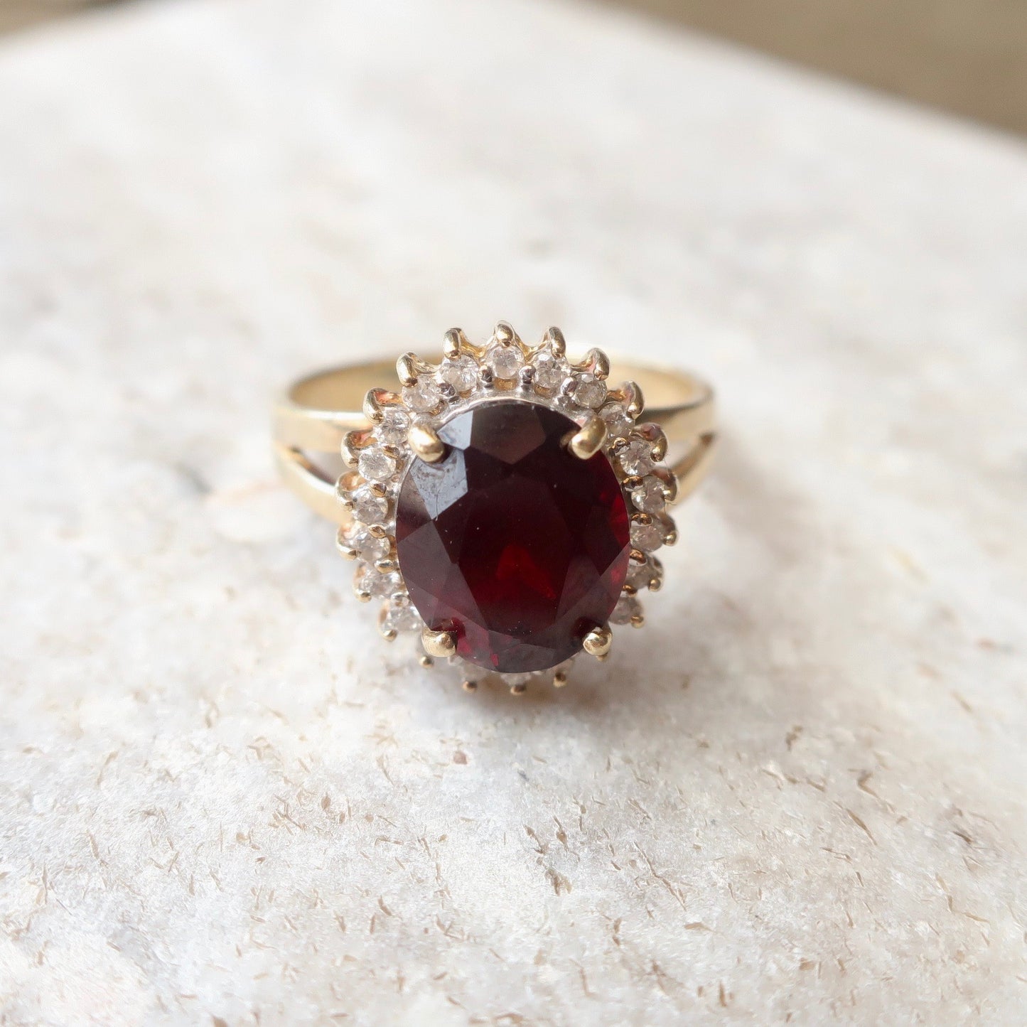 Vintage Garnet and Diamond Halo Ring