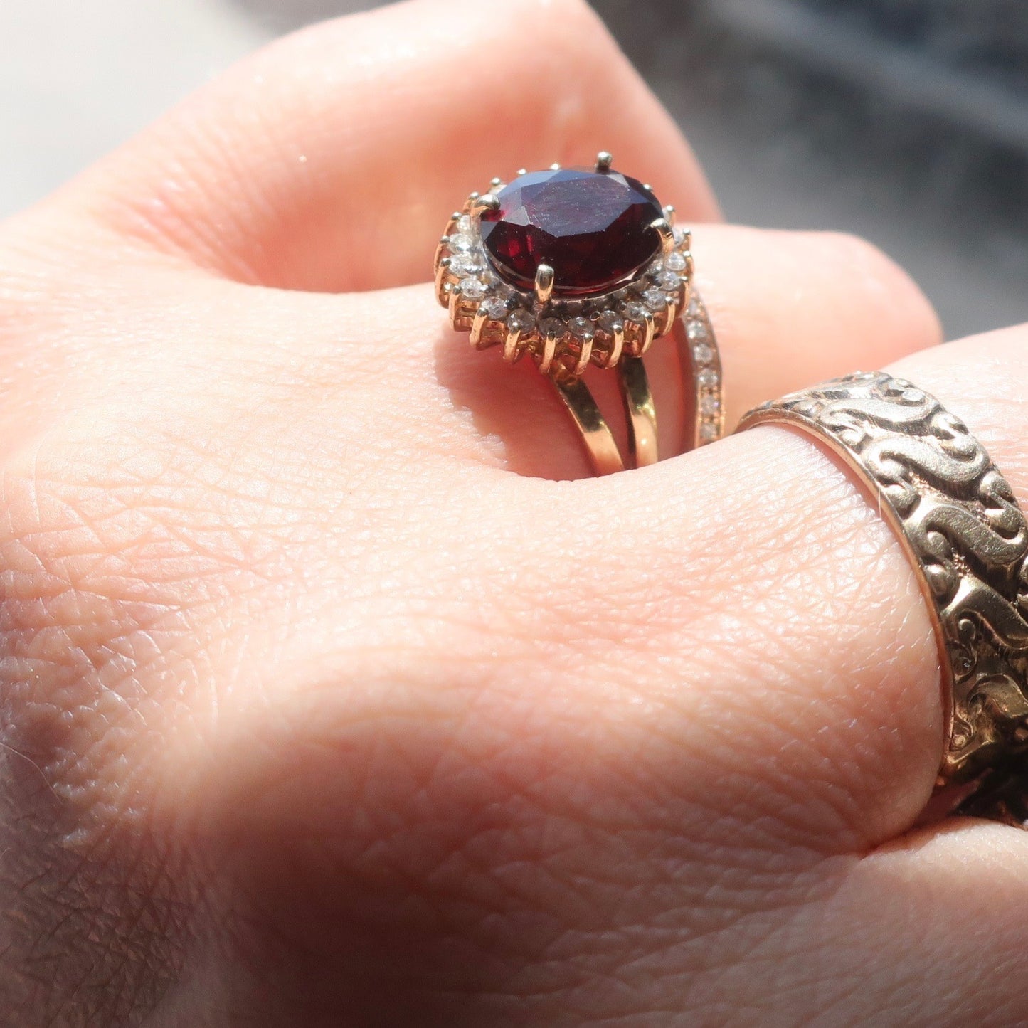 Vintage Garnet and Diamond Halo Ring