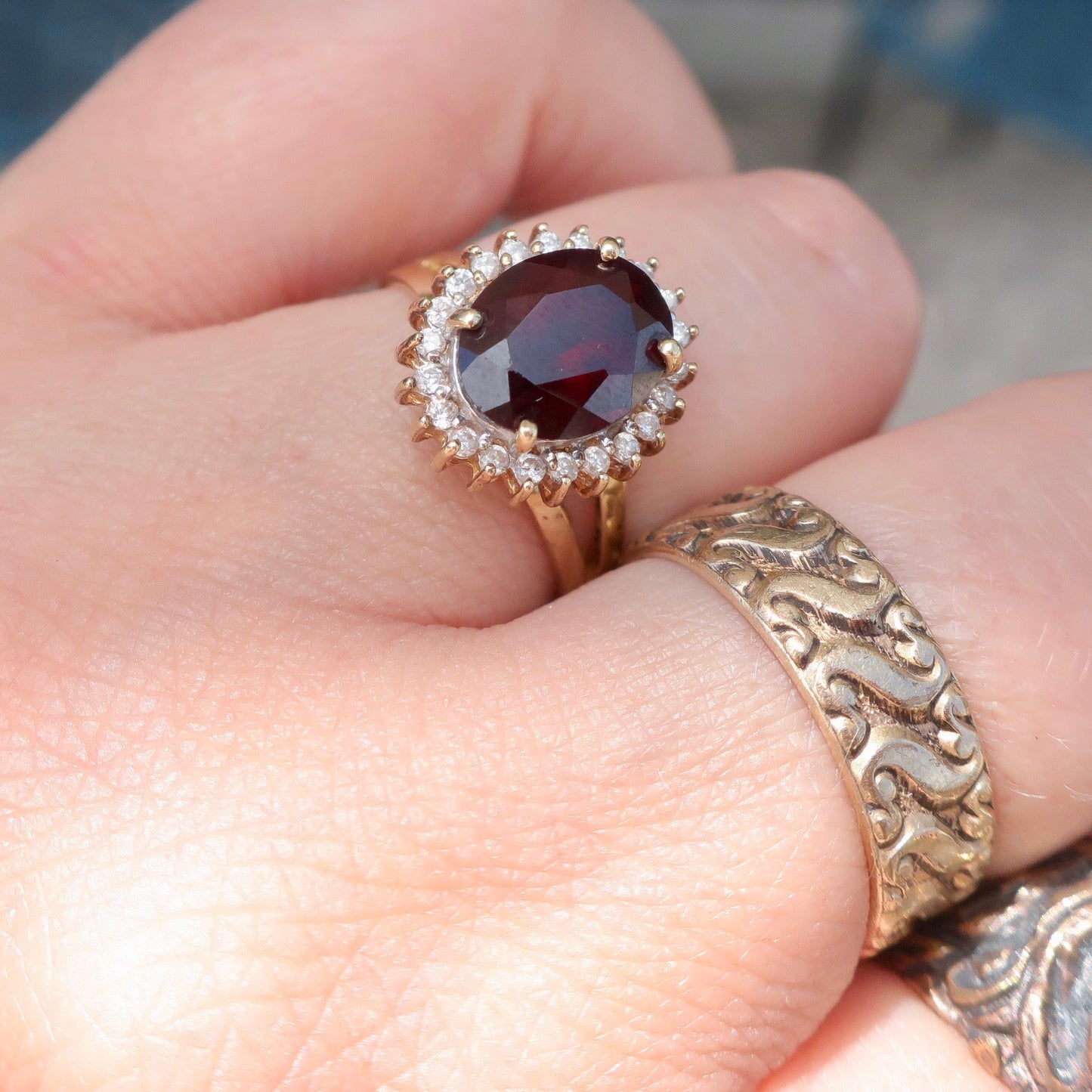 Vintage Garnet and Diamond Halo Ring
