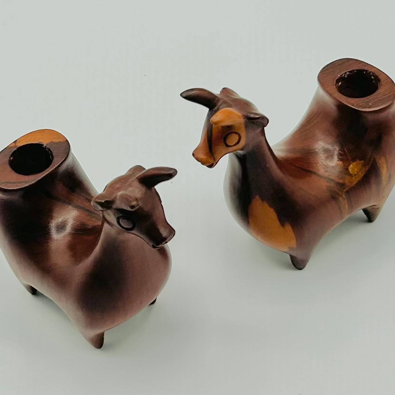 Teak-Carved Danish Goat Candleholders