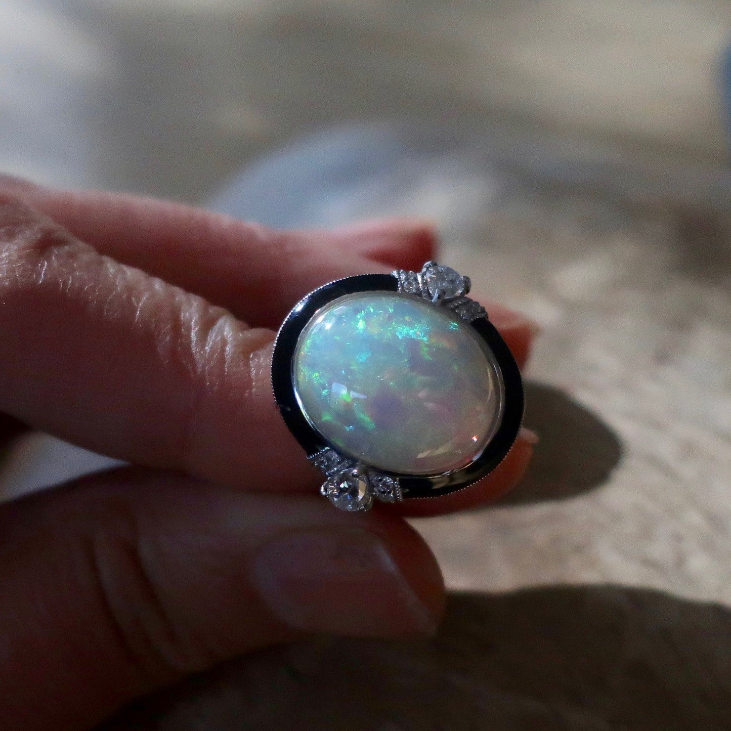 Vintage Estate Platinum Opal Diamond Ring