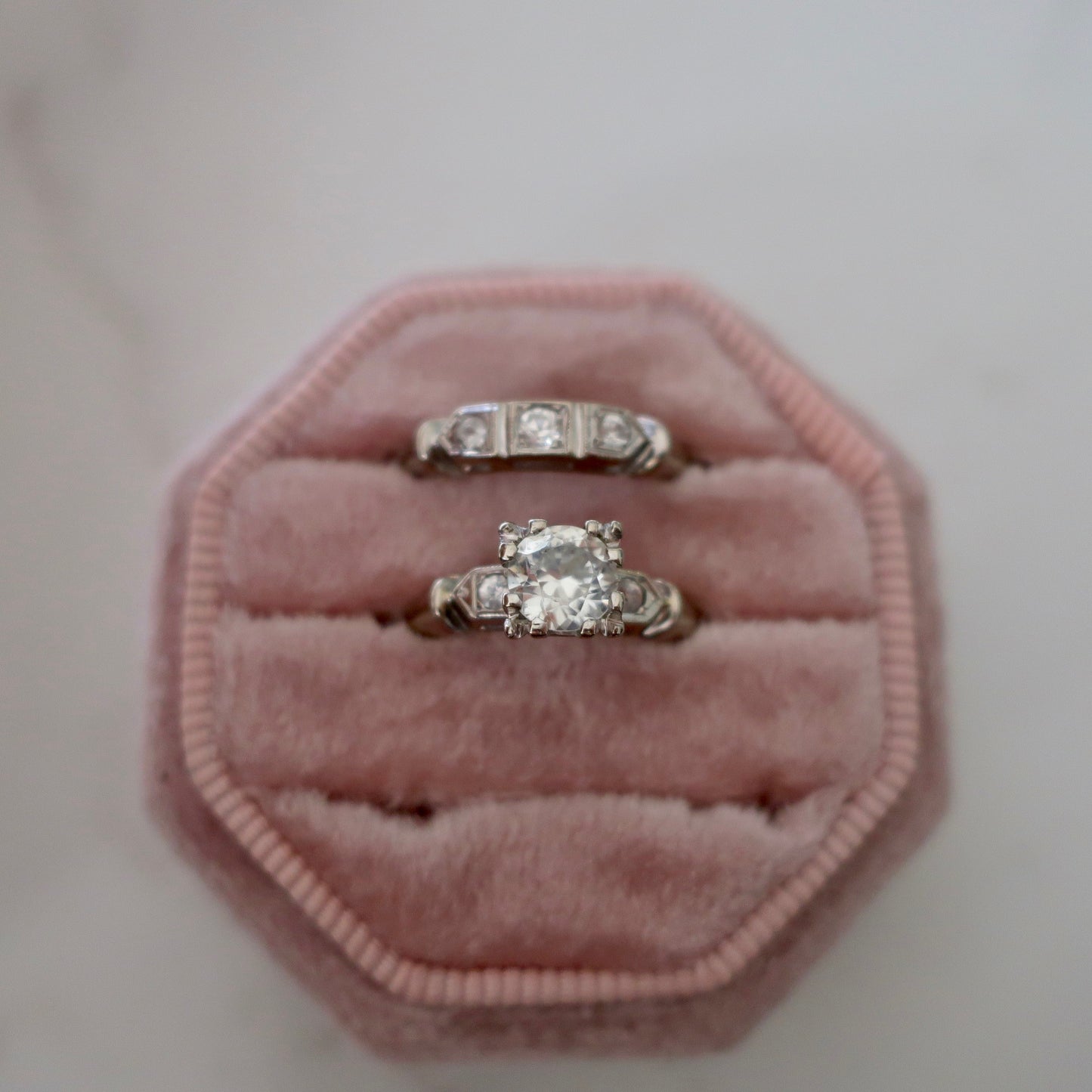 Vintage Old European Cut White Sapphire Engagement Set
