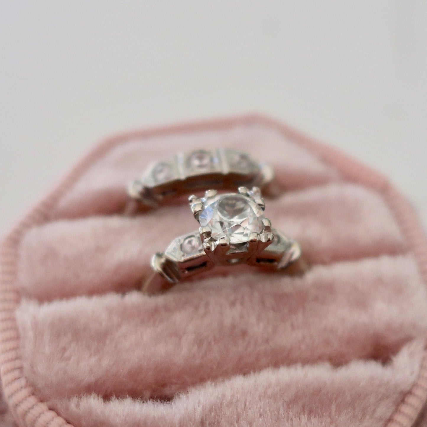 Vintage Old European Cut White Sapphire Engagement Set