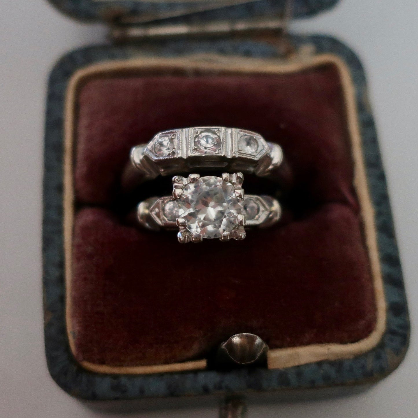 Vintage Old European Cut White Sapphire Engagement Set