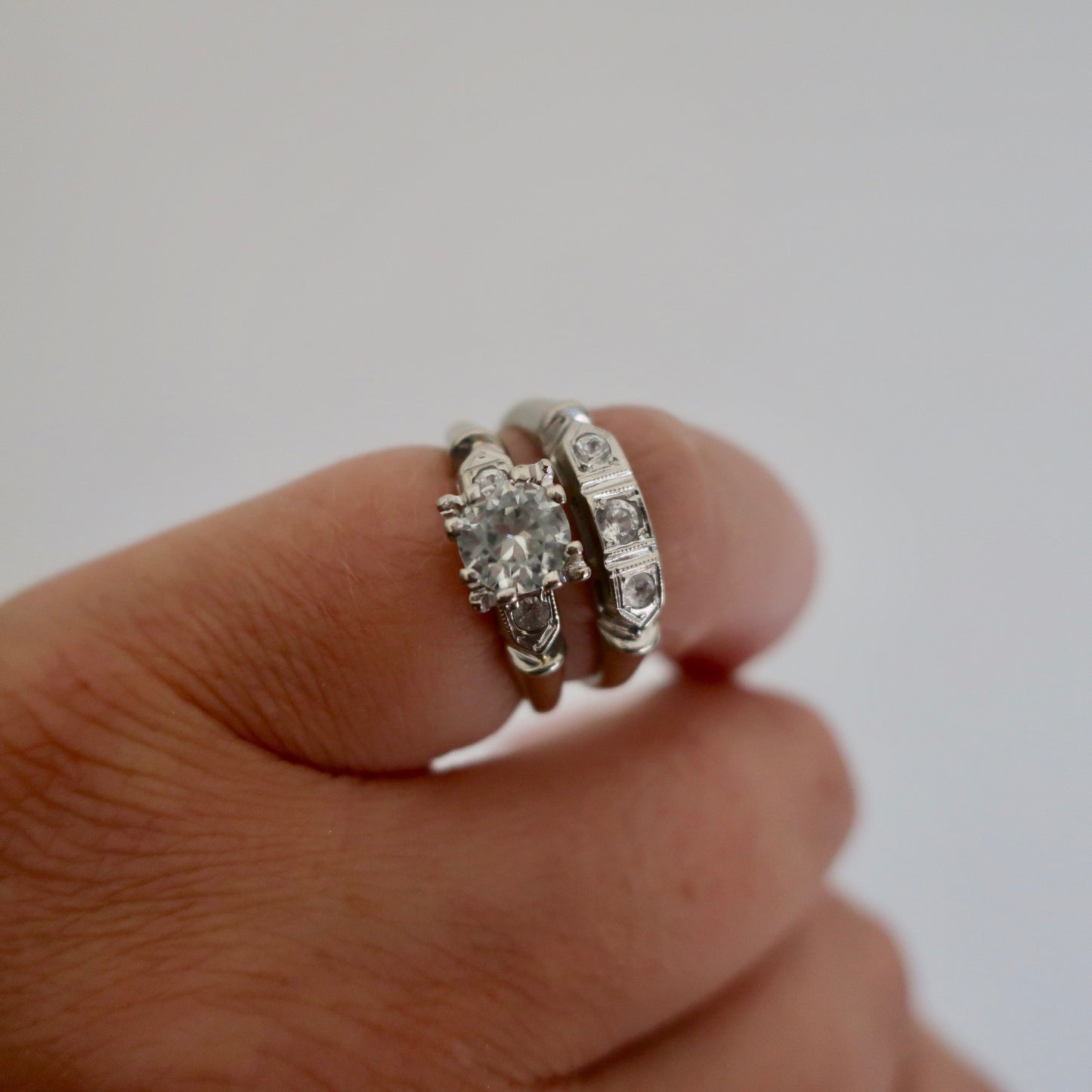 Vintage Old European Cut White Sapphire Engagement Set