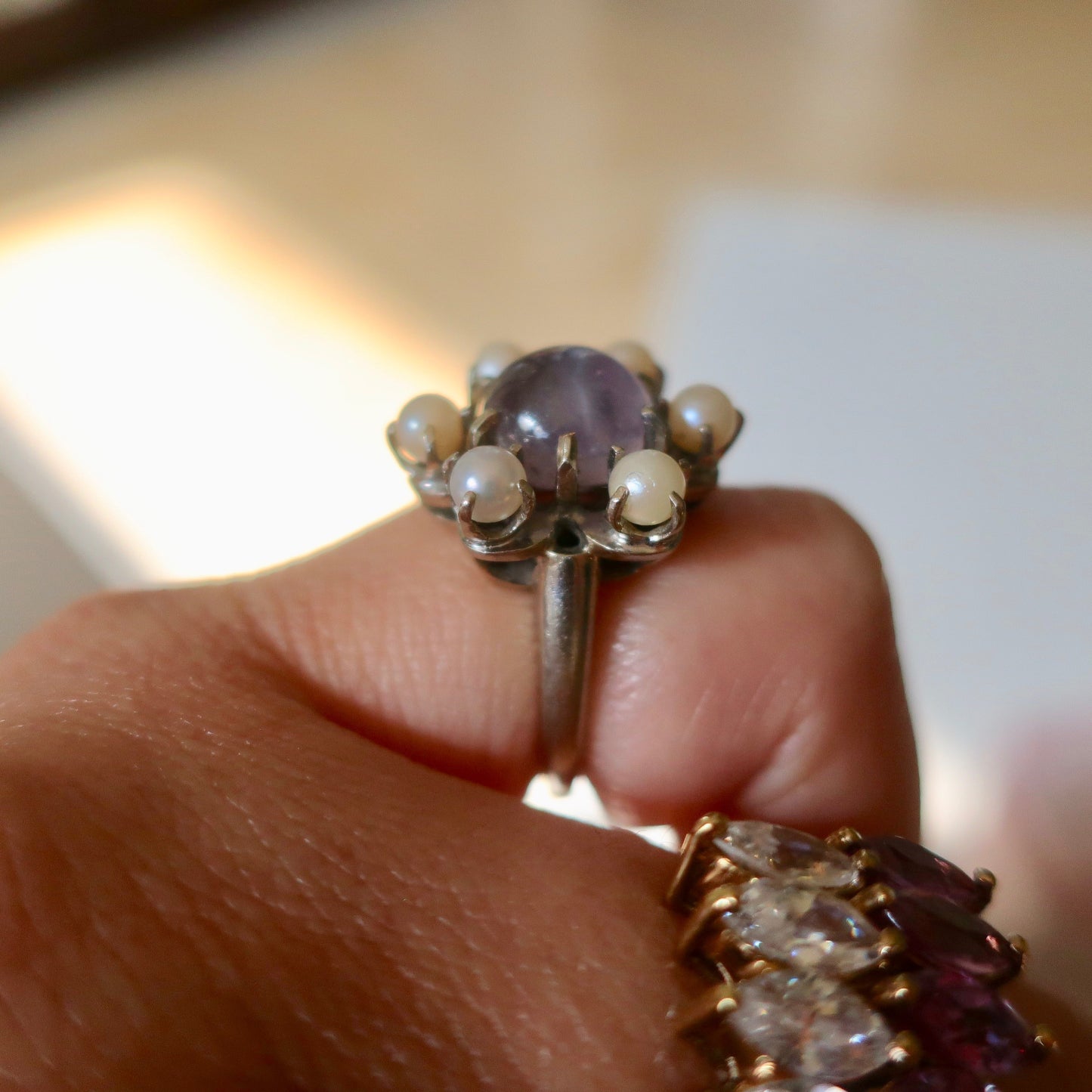 Vintage Lavender Star Sapphire and Pearl Ring