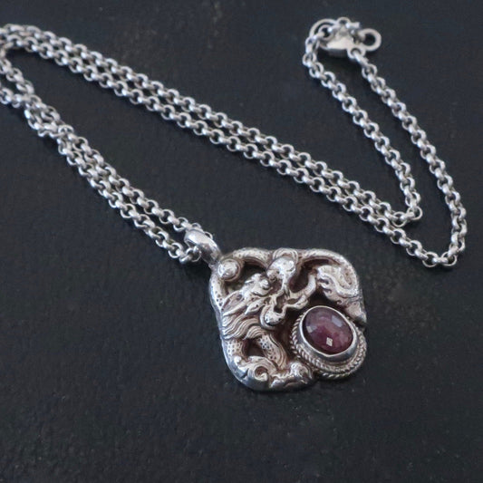 Vintage Silver Dragon Pendant With Ruby