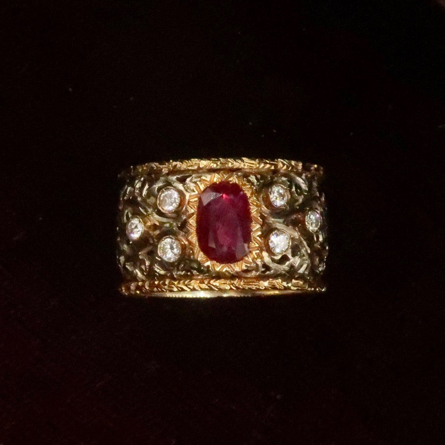 Vintage Wide Band 14kt Gold Ruby and Diamond Ring