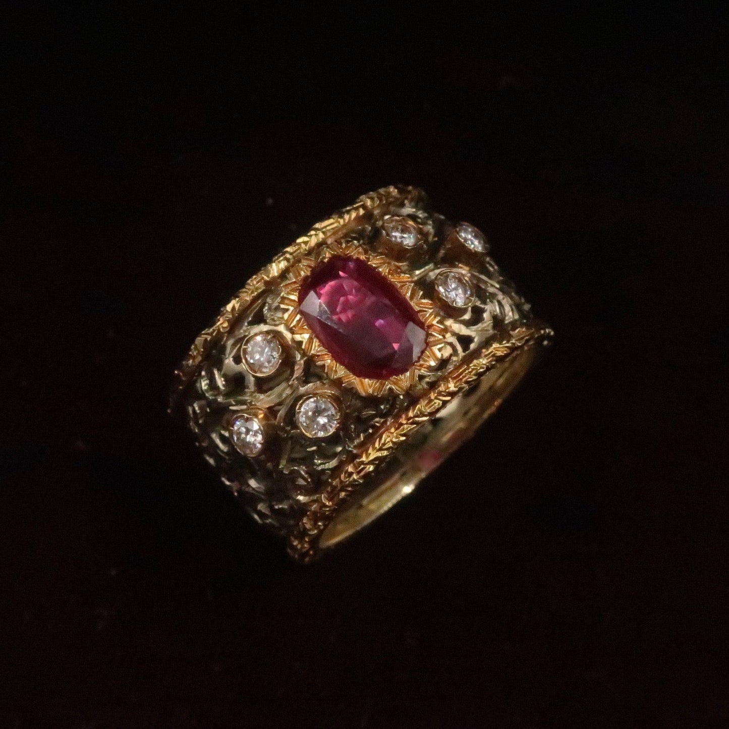 Vintage Wide Band 14kt Gold Ruby and Diamond Ring