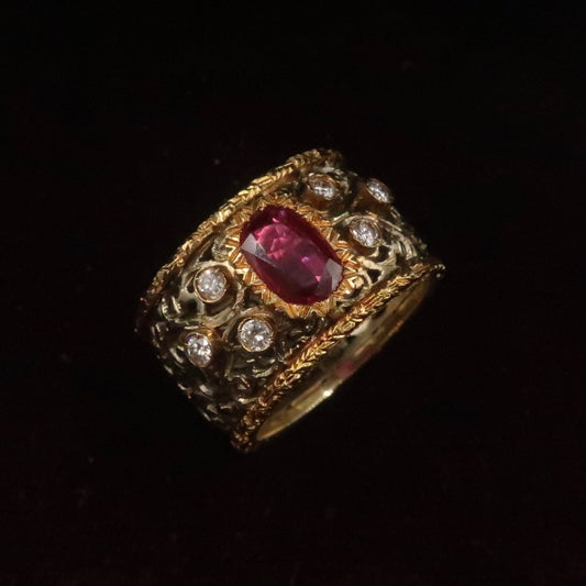 Vintage Wide Band 14kt Gold Ruby and Diamond Ring