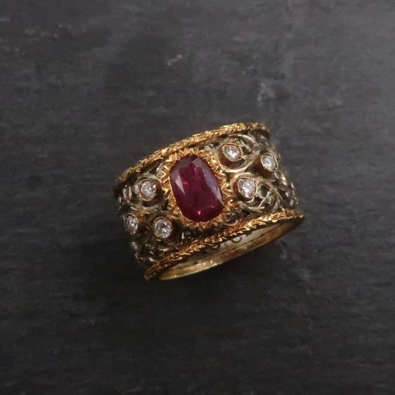 Vintage Wide Band 14kt Gold Ruby and Diamond Ring