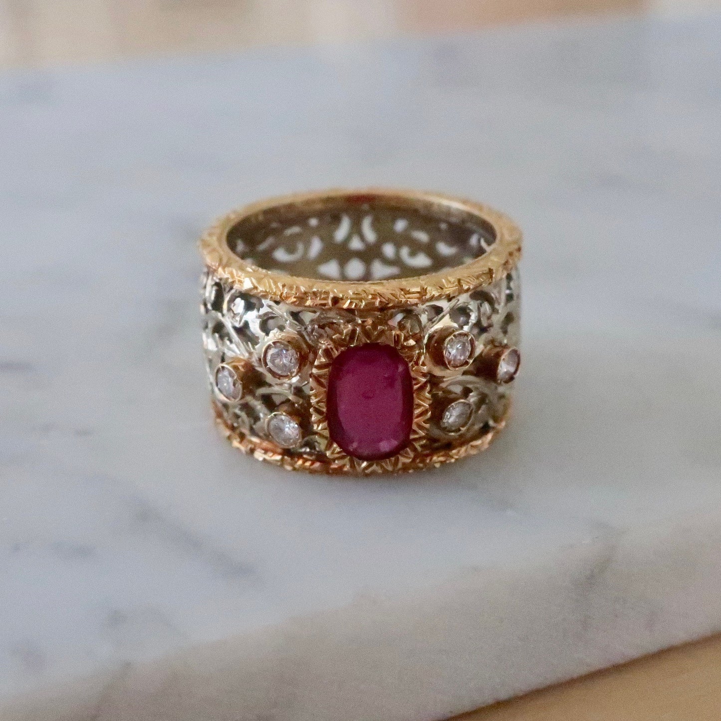Vintage Wide Band 14kt Gold Ruby and Diamond Ring