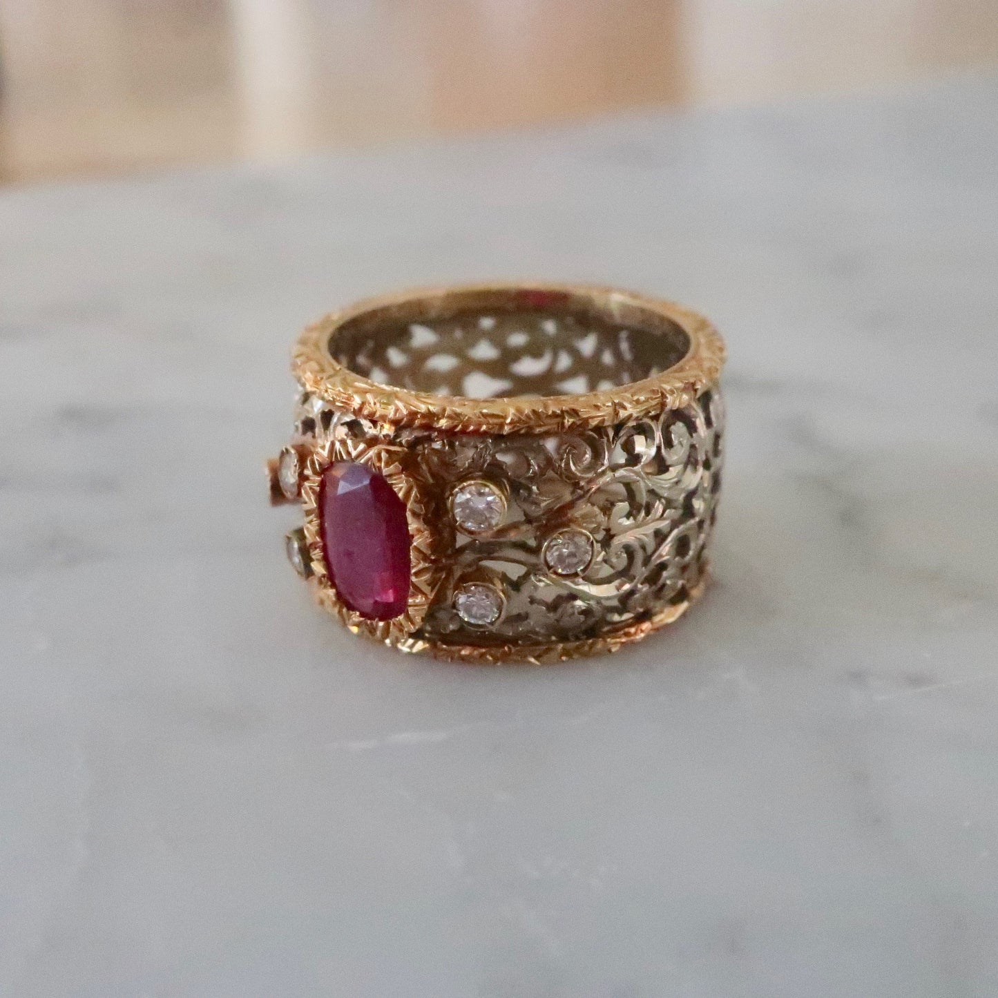 Vintage Wide Band 14kt Gold Ruby and Diamond Ring