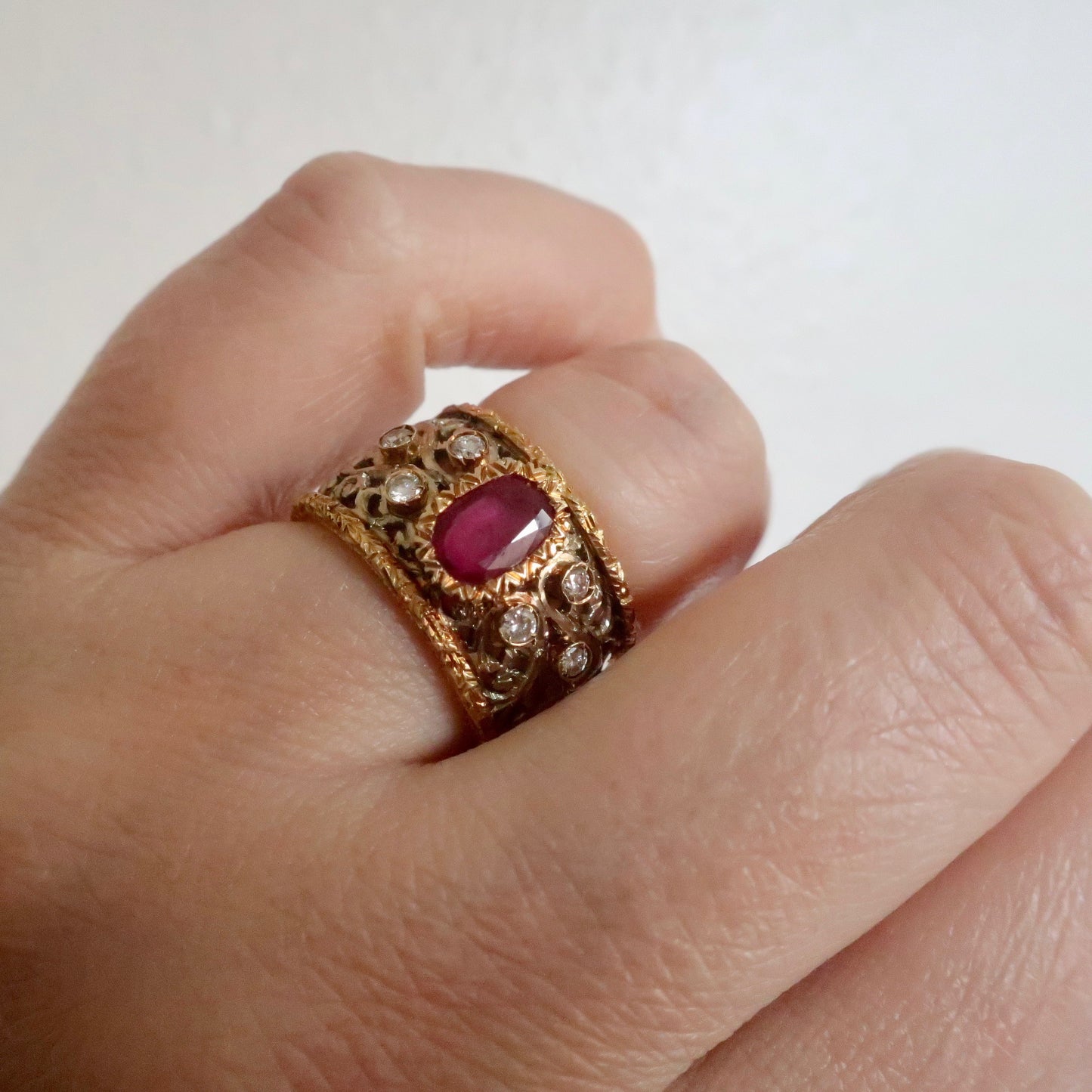 Vintage Wide Band 14kt Gold Ruby and Diamond Ring