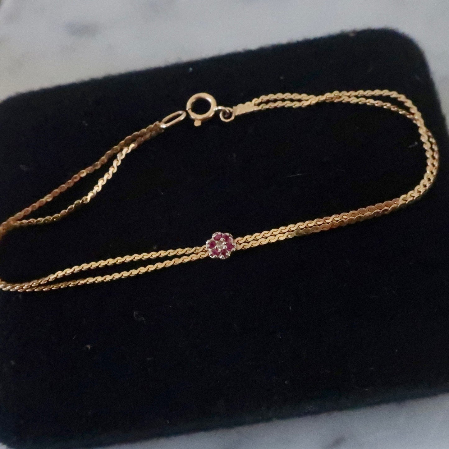 Vintage Delicate Ruby Diamond Flower Bracelet