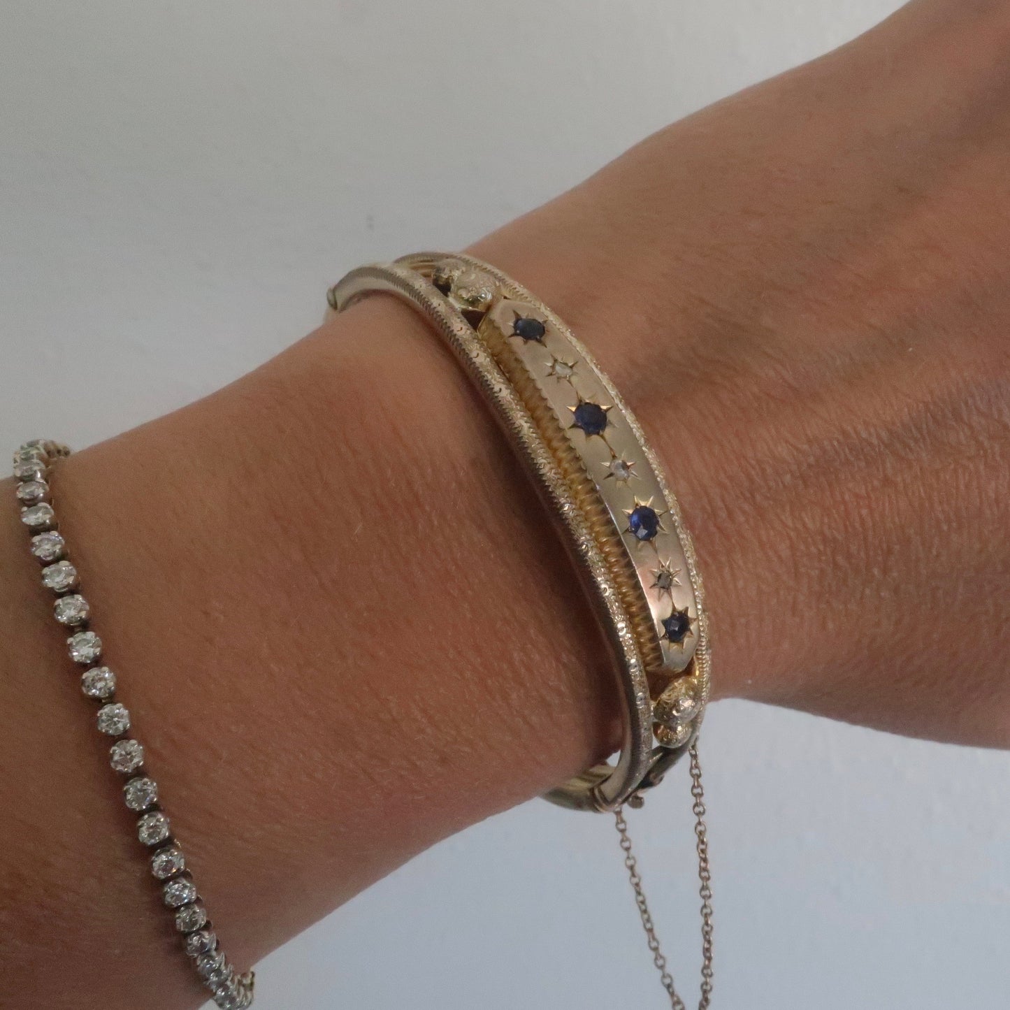 Antique Victorian Gilt Bracelet with Sapphires and Diamonds