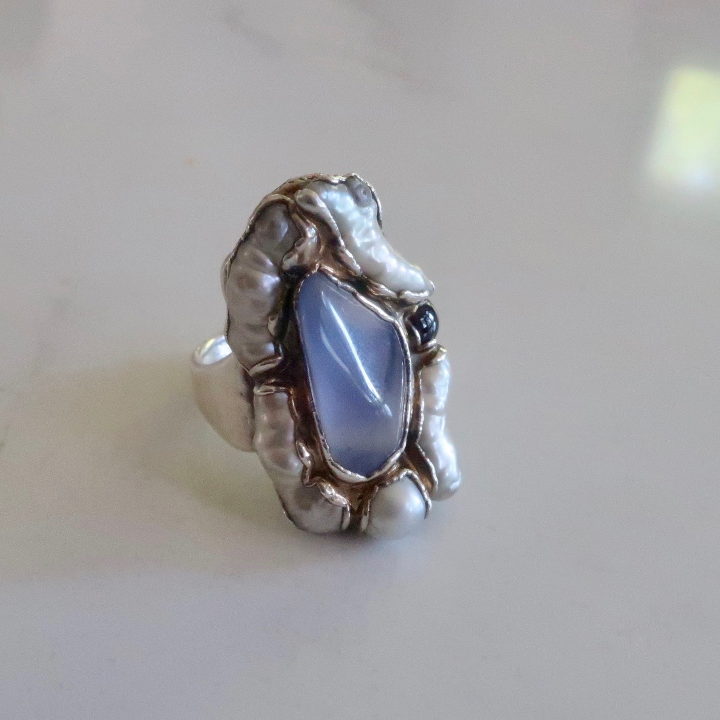 Vintage Chalcedony Pearl and Garnet Silver Ring
