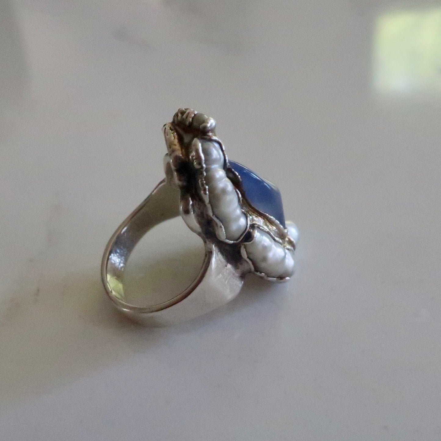 Vintage Chalcedony Pearl and Garnet Silver Ring