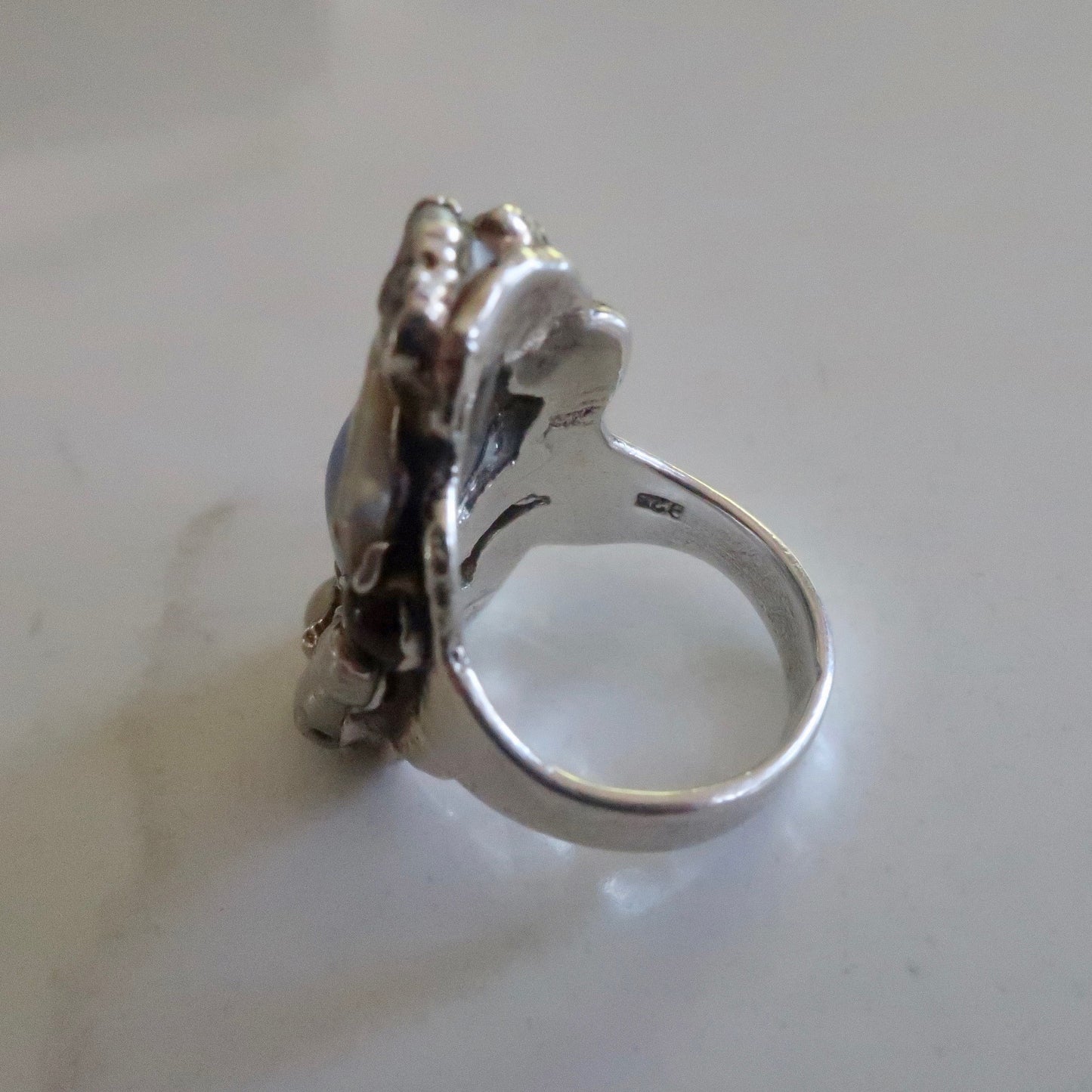 Vintage Chalcedony Pearl and Garnet Silver Ring