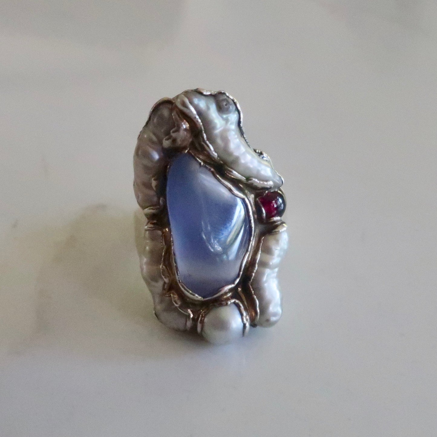 Vintage Chalcedony Pearl and Garnet Silver Ring