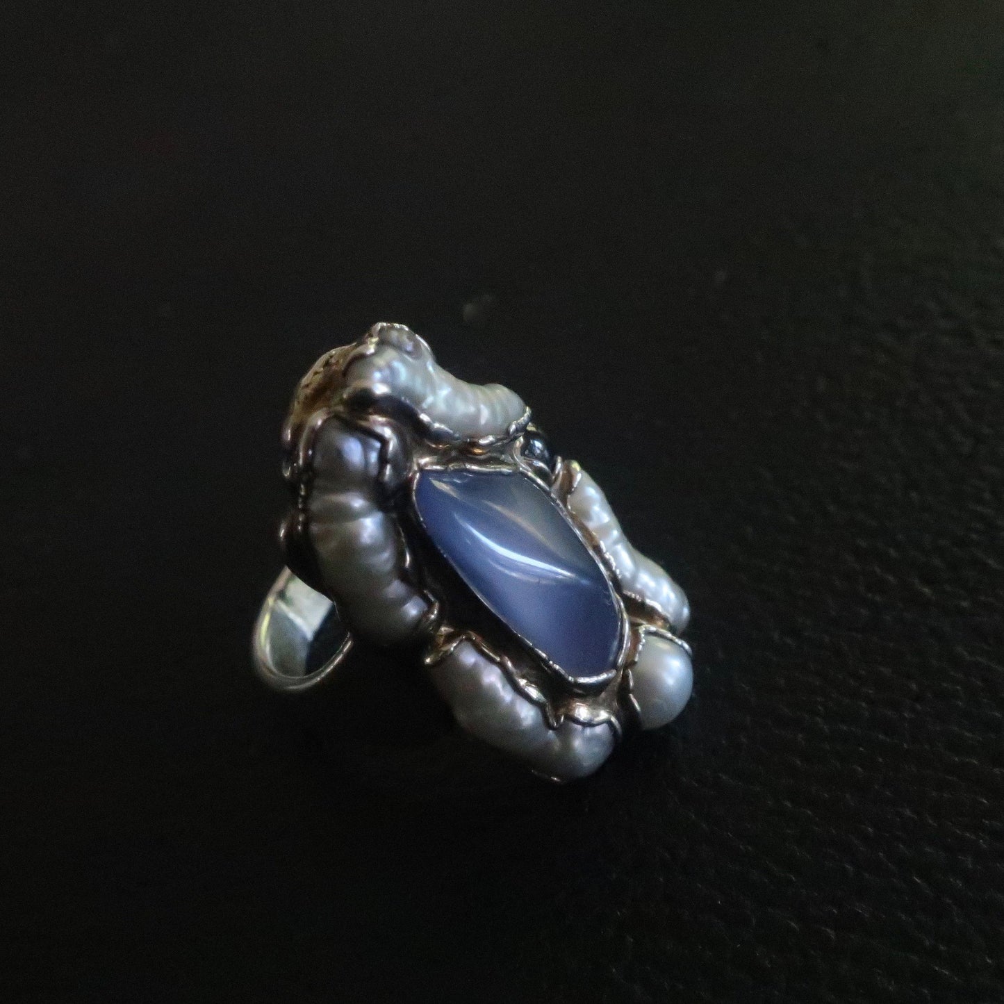 Vintage Chalcedony Pearl and Garnet Silver Ring