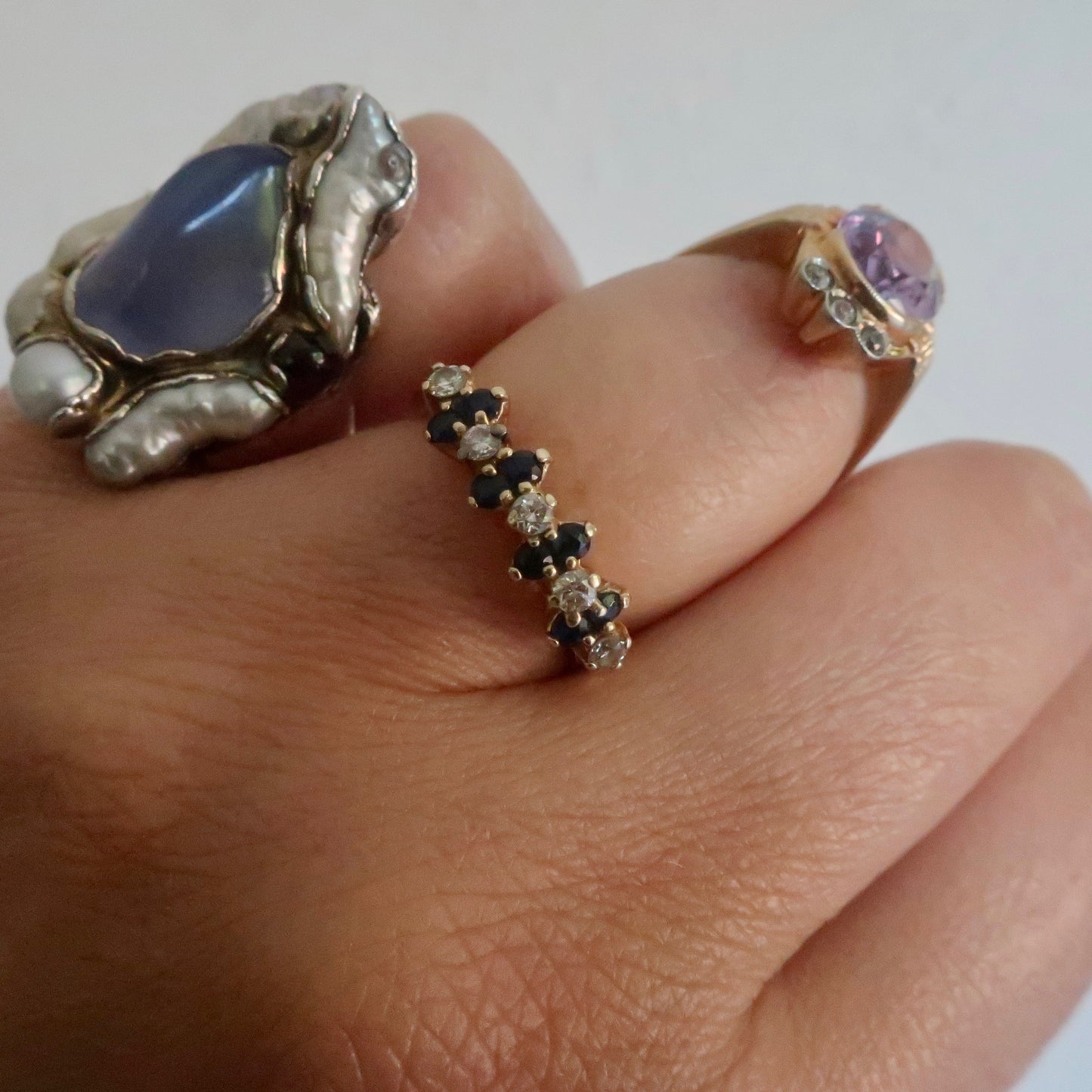 Vintage Chalcedony Pearl and Garnet Silver Ring