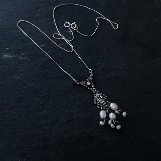 Art Deco Silver And Pearl Drop Necklace