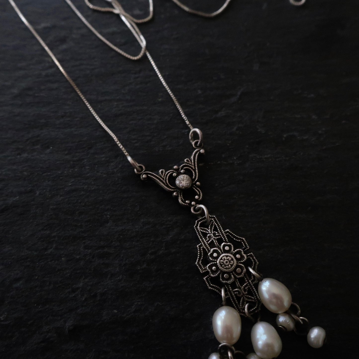 Art Deco Silver And Pearl Drop Necklace