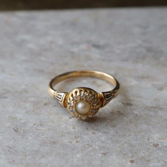 Antique Pearl and Diamond Halo Ring