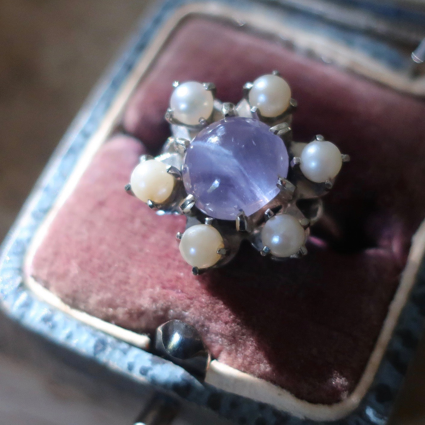 Vintage Lavender Star Sapphire and Pearl Ring