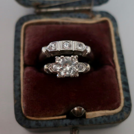Vintage Old European Cut White Sapphire Engagement Set