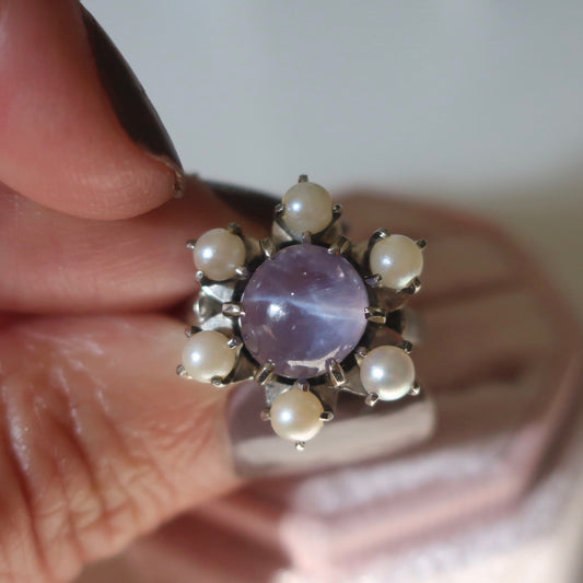 Vintage Lavender Star Sapphire and Pearl Ring