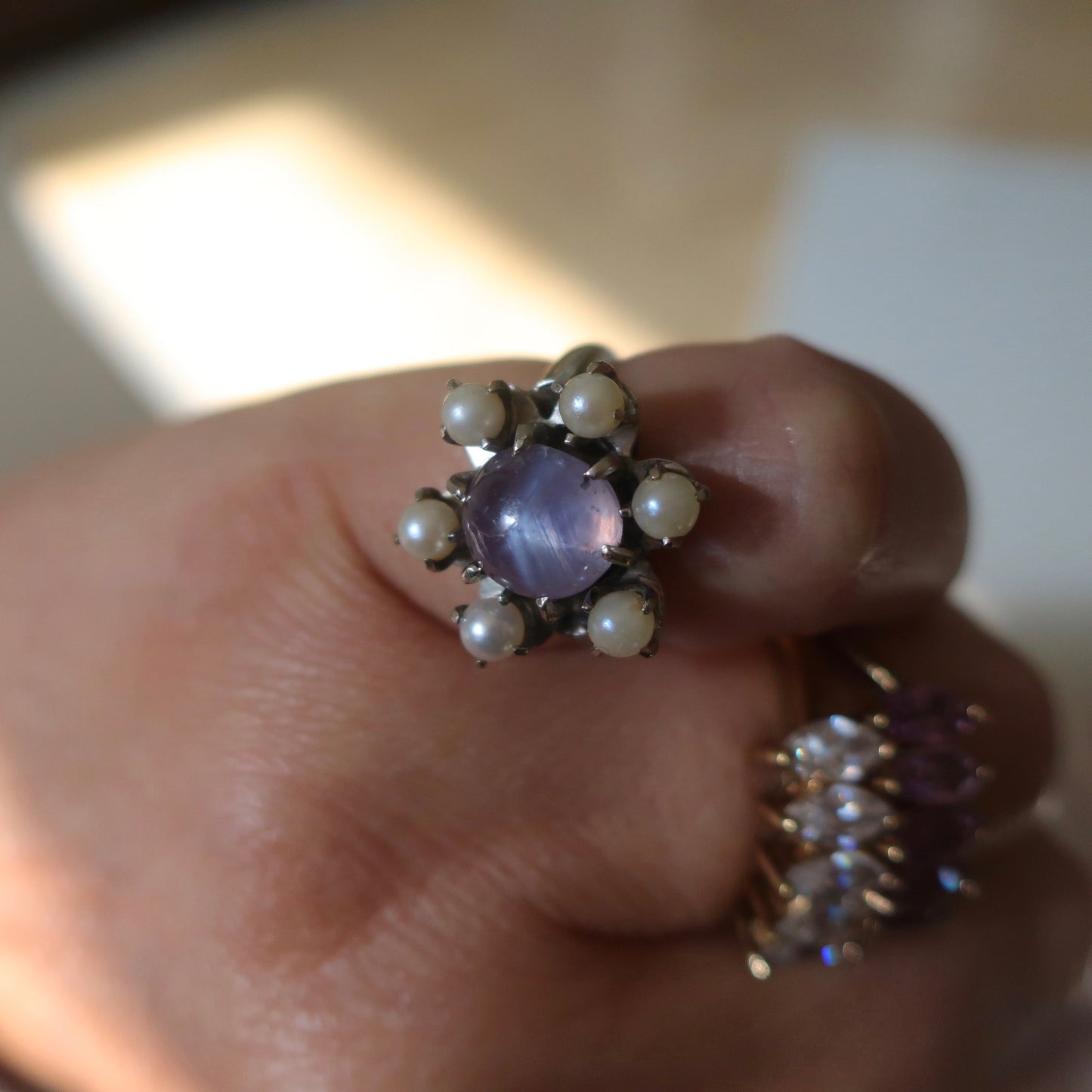 Vintage Lavender Star Sapphire and Pearl Ring