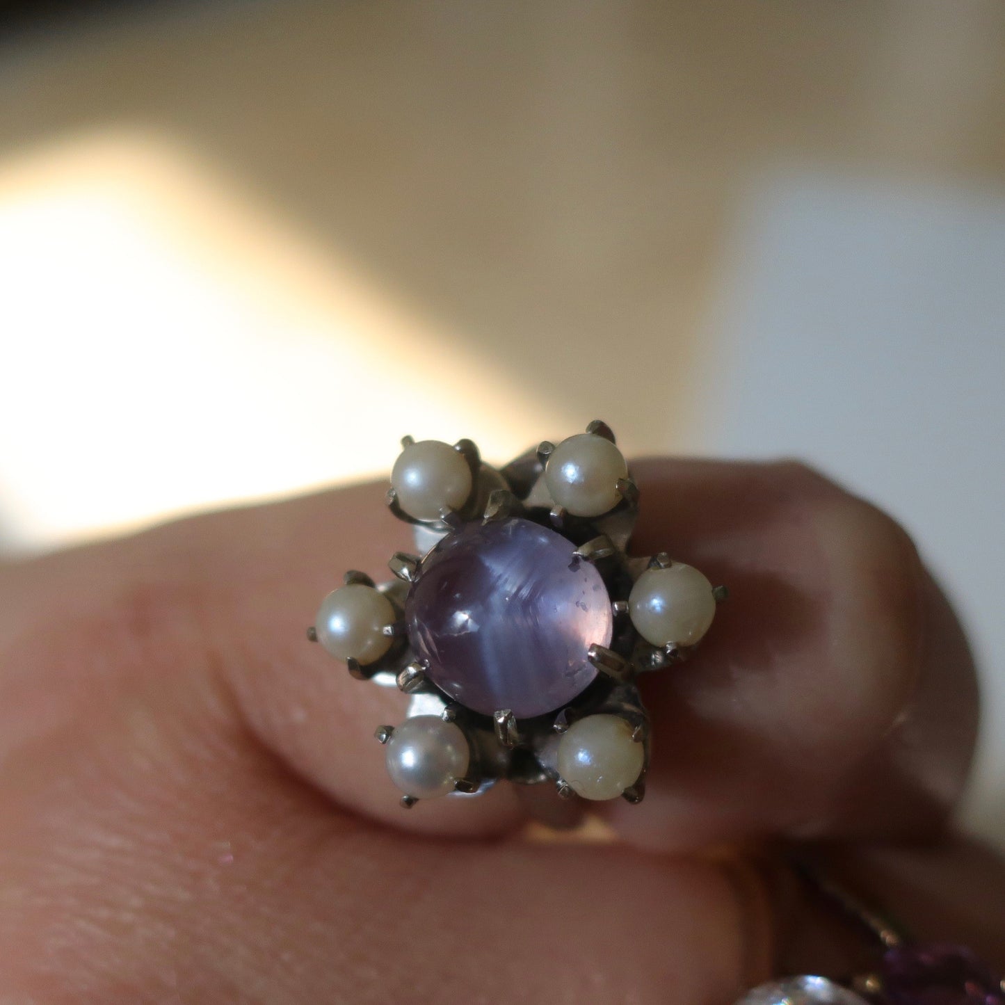 Vintage Lavender Star Sapphire and Pearl Ring